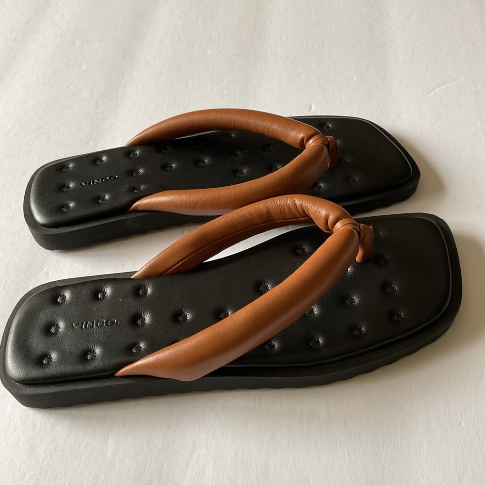 VINCE SERENE PUFFY THONG SANDAL CARAMEL BROWN WITH BLACK SIZE 9.5 NWOT - Picture 7 of 11